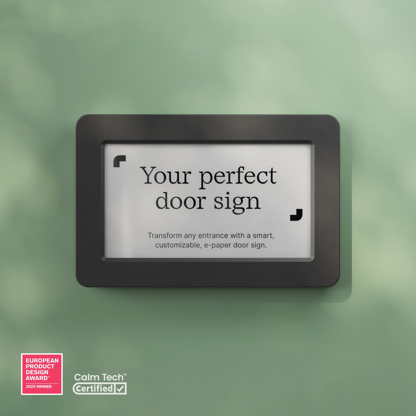 Smart e-paper door sign on a green background with certification logos.